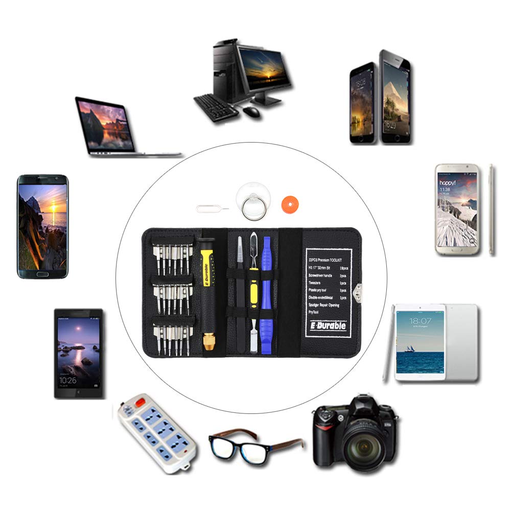 E.Durable Pro Bit Driver Kit, Precision Electronics Multi-Tool Screwdriver Set, Safe Opening Tool, with ESD Tweezers, Portable Double-ended Metal Spudger, Plastic Pry Bar, etc