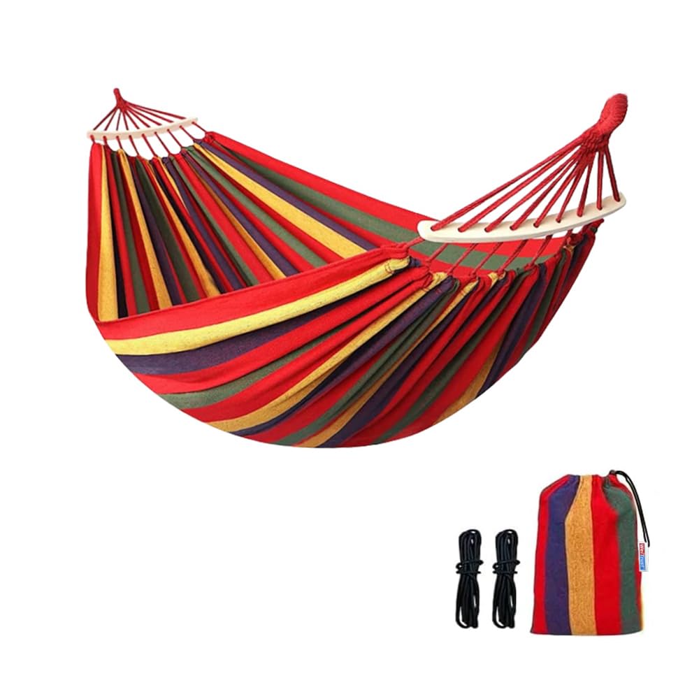 Photo 1 of WeiTrust Cotton Canvas Hammock, Comfortable Fabric Camping Hammock with Tree Straps, Up to 440lbs with Travel Bag for Camping Outdoor/Indoor Patio Backyard(Orange&Yellow, with bar)