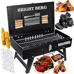 BRIGHTBERG WORLD BESTChef's Vision Heavy Weight (Device) Briefcase & Picnic Metal Grill Charcoal Barbecue for Home with 8 Skewers, 1 Steel Grill, Glove, Free Charcoal PacketBarbecue