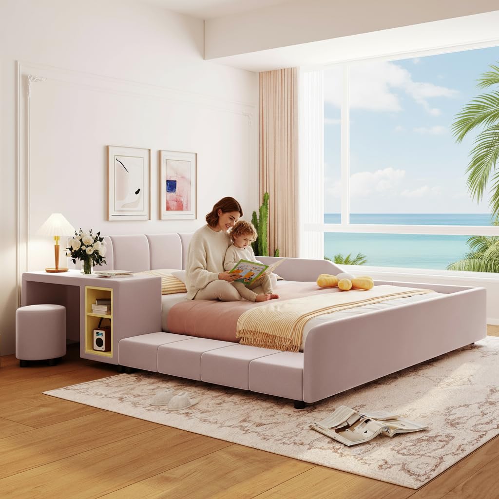Photo 1 of ***PARTIAL SET - PRICE ADJUSTED***BOX 1 OF 2***Merax Queen Size Upholstered Plush Velvet Pink Mother and Baby Bed with Large Cushioned Ground Bed, Bedside Table,and Round Stool,Pink