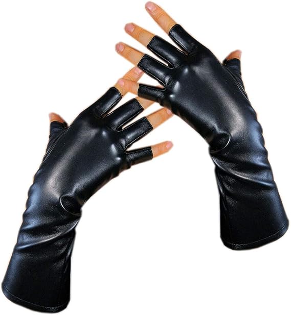 Amazon Co Jp 女性ロングレザーハーフフィンガーグローブブラック11インチオートバイドライビングパーティー用puフィンガーレスグローブ 黒 服 ファッション小物