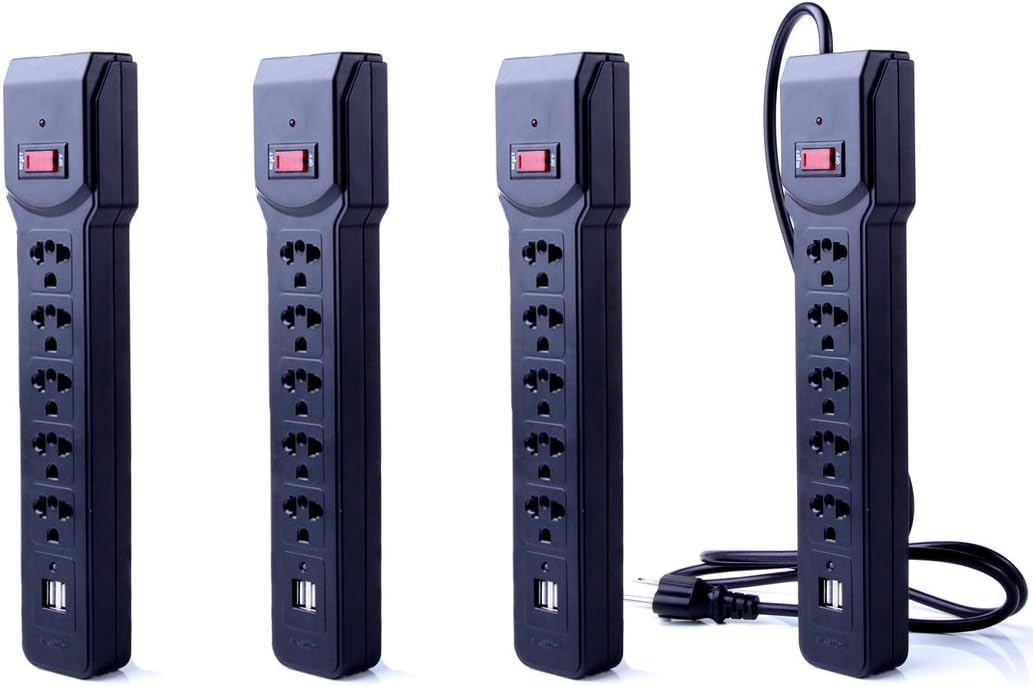 XDTZ 4pcs 5 Outlet 2500W 10A Universal Power Socket With Lightningproof Surge Protector 500mA 2 USB Port Black