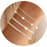 RMOYI Pearl Bracelets for Women Tennis Bracelet Dainty 14K Gold/Silver Plated Beaded Bracelets for Women Cubic Zirconia Bracelet Stack Pearl Jewelry Set