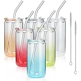 COMI 6pcs Glass Cups with Lids And Straws, Glass Tumbler for Iced Coffee, Drinking Glasses with Two Cleaning Brush,Glass Drinking Set