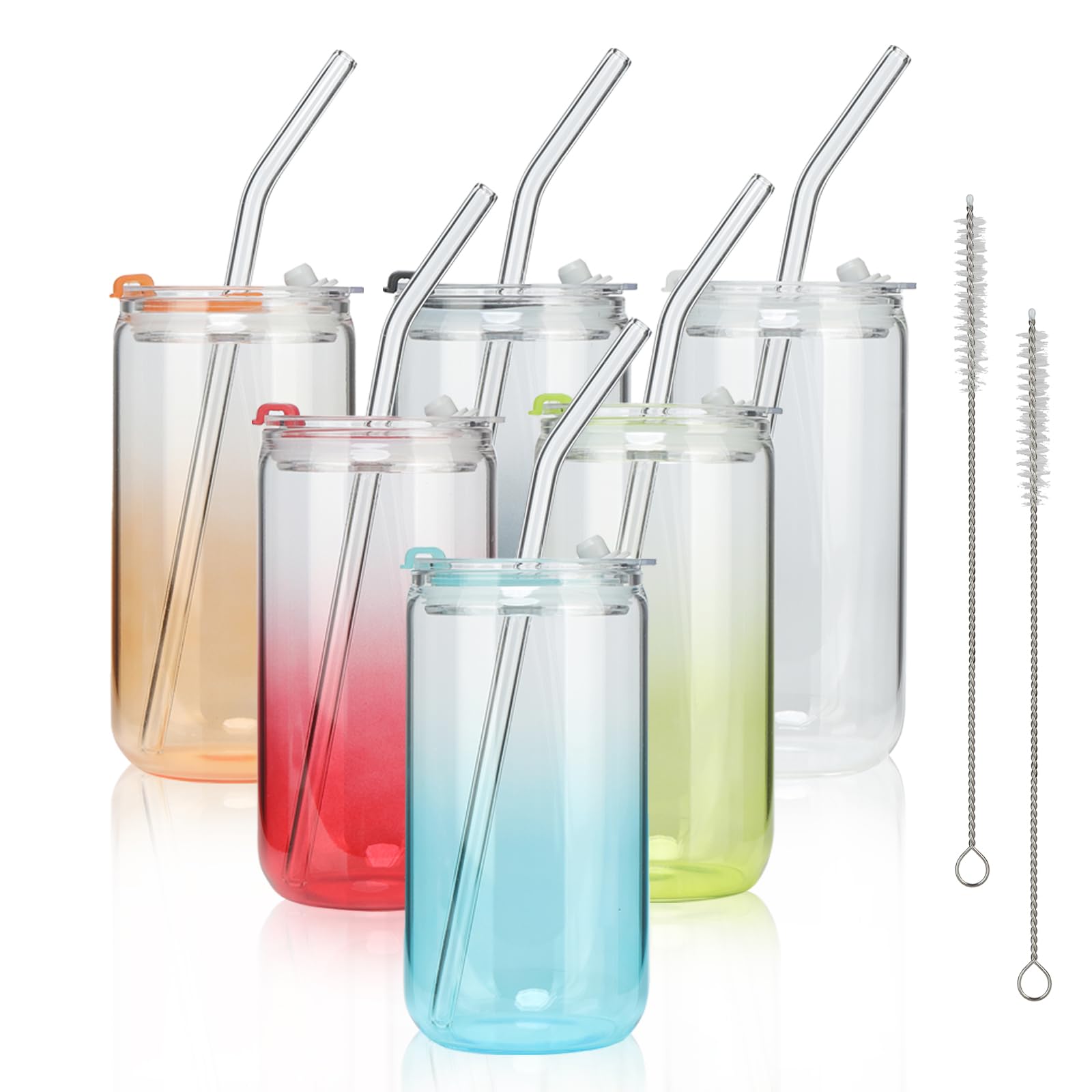 Photo 1 of COMI 6pcs Glass Cups with Lids And Straws, Glass Tumbler for Iced Coffee, Drinking Glasses with Two Cleaning Brush,Glass Drinking Set