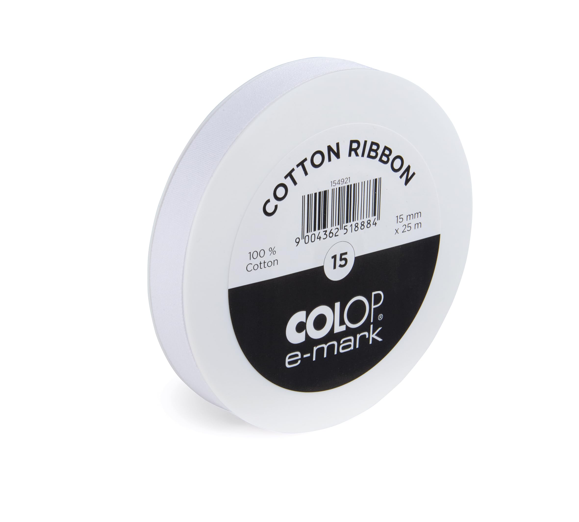 COLOP e-mark 15mm ribbon | 154921 | 25 metre roll | 100% white cotton ribbon
