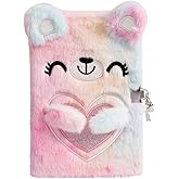 YankMooM Fuzzy Kids Diary Bear Journal for Kids with Lock for Girls, Kids Journal Tie-Dye Notebook Gift for Writing and Drawing, Hardcover Fluffy Bear Secret Diary with Stickers