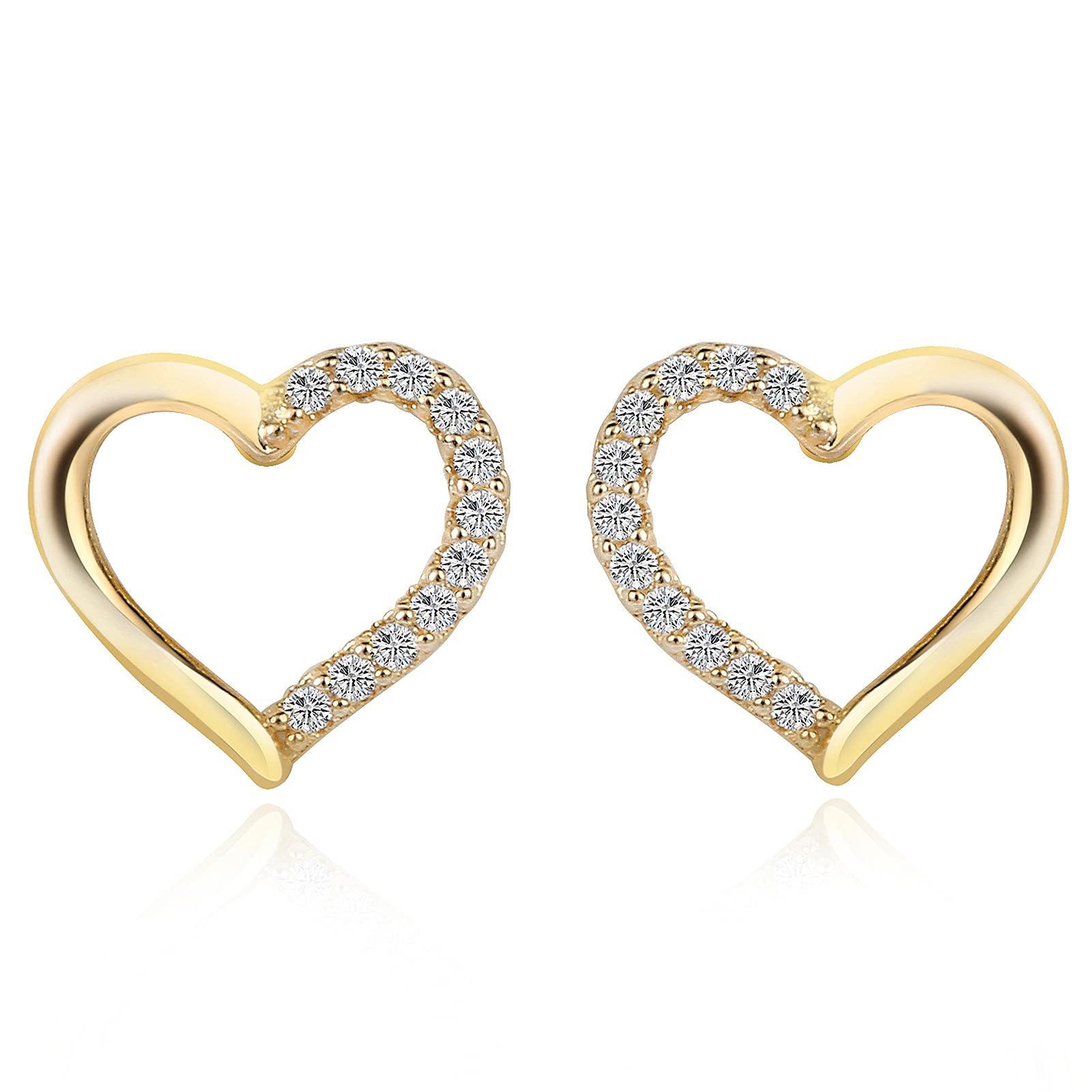 Heart Stud Earrings Gold Plated 925 Sterling Silver Studs Earrings Cubic Zirconia Gift for Women Girls
