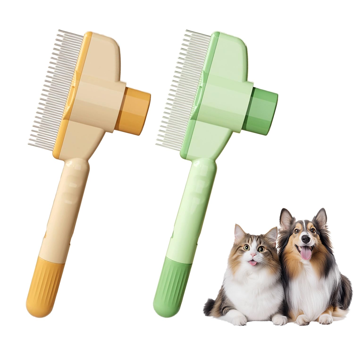 Photo 1 of 2-Pack Pet Hair Removal Comb & Flea Comb with Release Button for Cats & Dogs - Grooming Brush for Short/Long Hair Green & Yellow