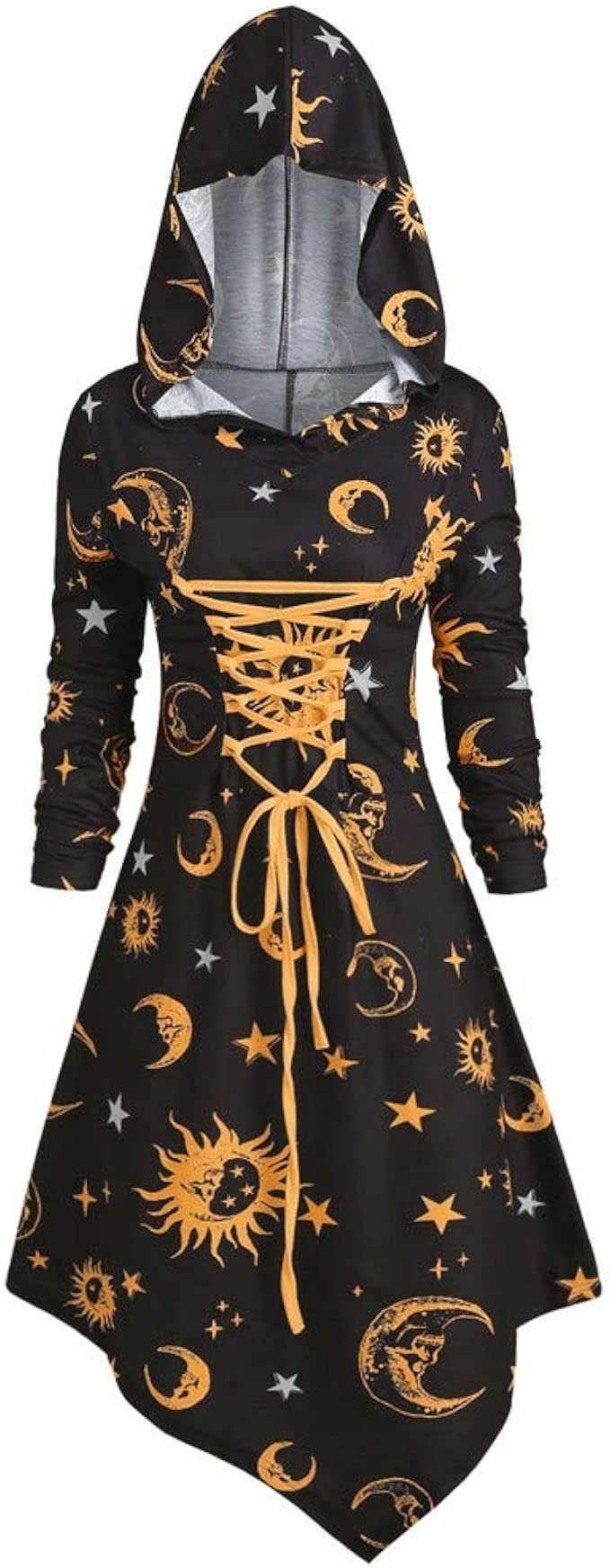 Amygline Damen Vintage Kleid Mit Kapuze Sonne Mond Drucken Hoodie Kleid Umhang Pullover High Waist Bandage Lange Kleid Amazon De Bekleidung