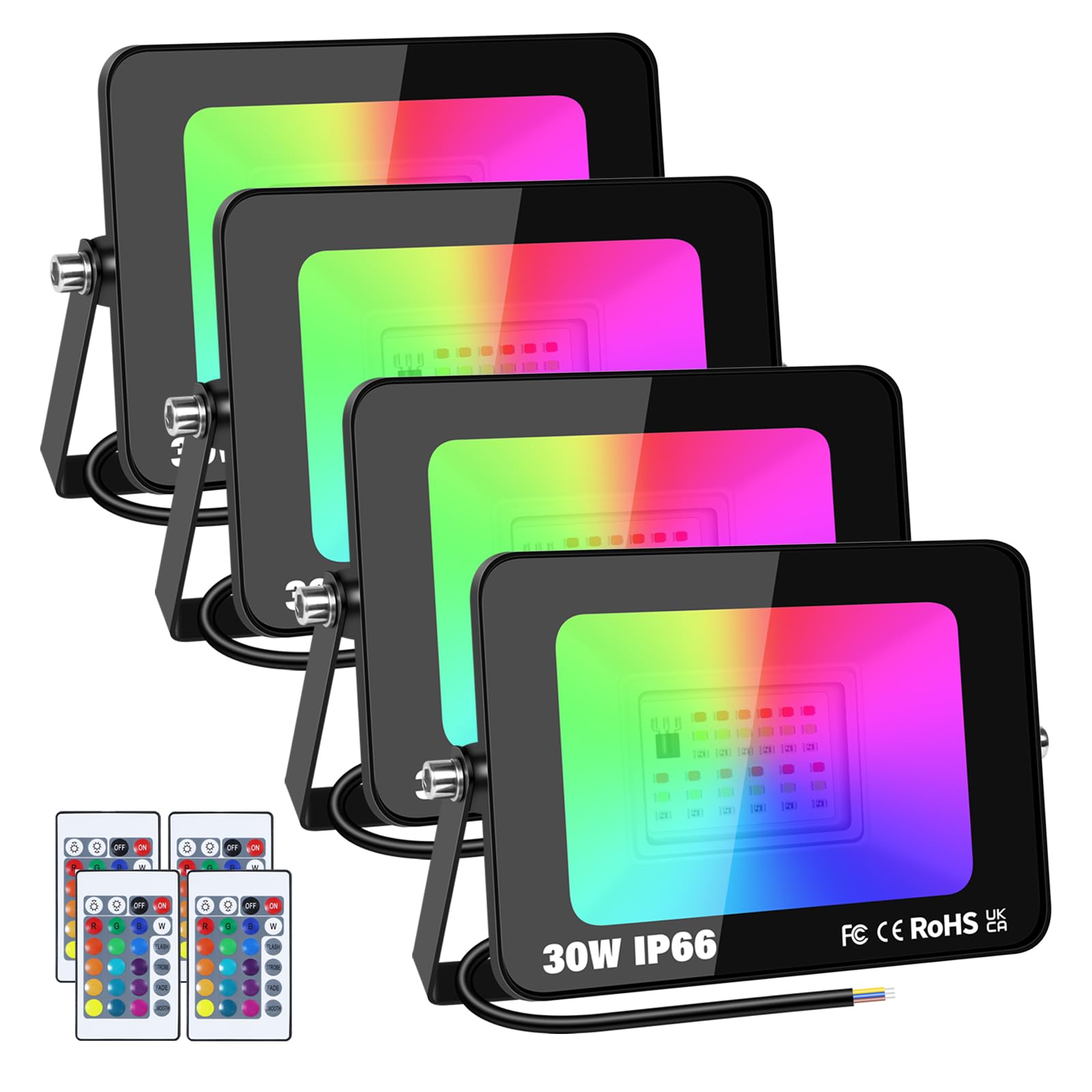 RIGIDON 4 Pack 30W LED Flood Light Outdoor, 16 Colour Changing IP66 Waterproof RGB Flood Lights with Remote Control for Garden, Yards, Stage, House Landscape Lighting