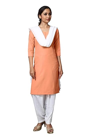 Uniform Sarees Corp Womens Poly Cotton Unstitched Salwar Kameez Dress Materials for Hindu Patriotic Occassions (Orange;White)