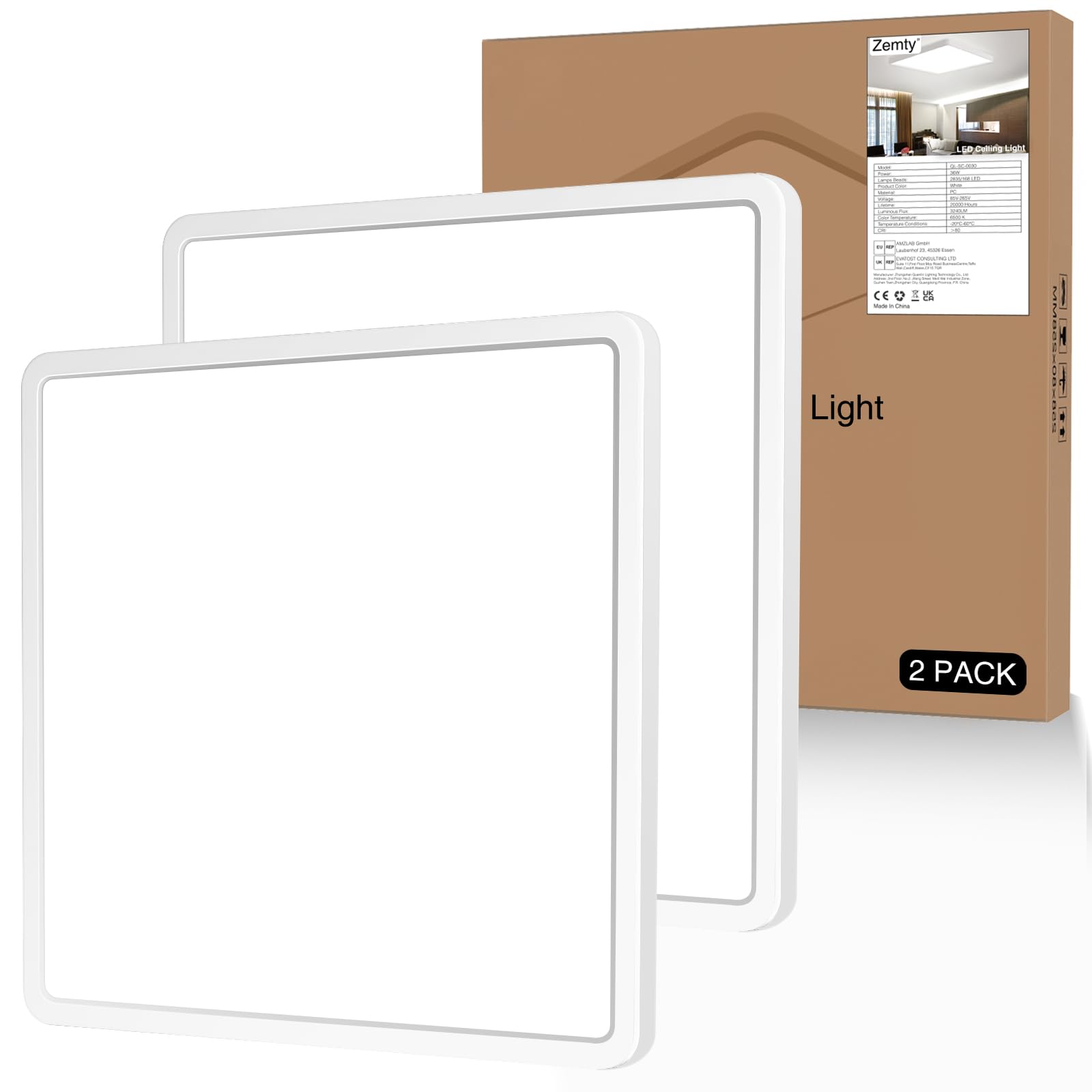 zemty 2 Packs 29CM 36W LED Ceiling Lights, 3240LM Waterproof Bathroom Light, Super Bright 6500K Daylight White Ceiling Lamp, Modern Square Flush Lighting for Kitchen Hallway Living Room Bedroom