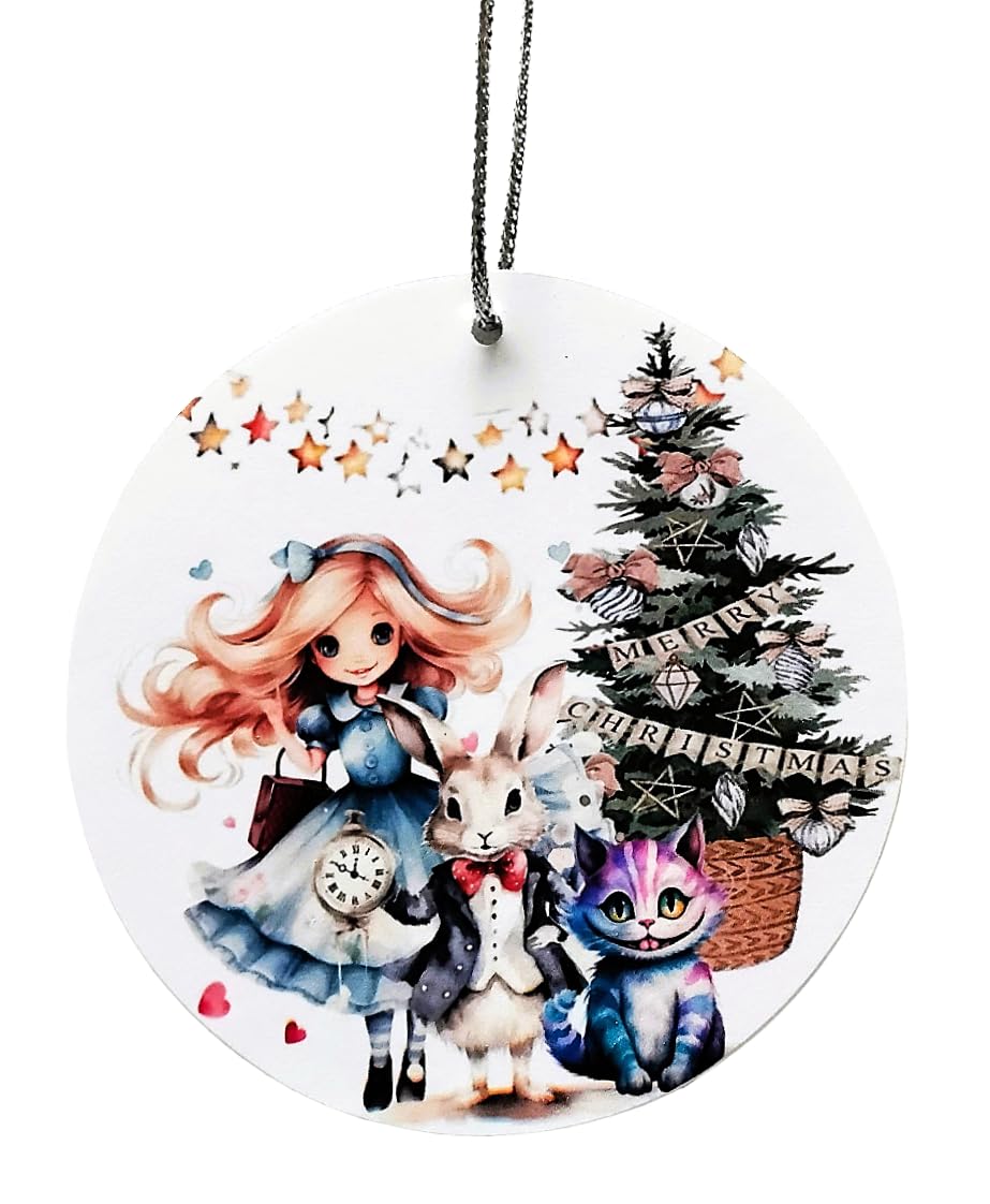 Xmas Alice In Wonderland - Christmas Tree Flat Bauble Hanging Decoration Keepsake Gift With Organza Gift Pouch - For Best Friend/Family - Female Gift For Her