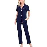 SWOMOG Women Pajama Sets Two-Piece Nightwear Short Sleeve Sleepwear Button Down Pj Lounge Sets with Long Pants