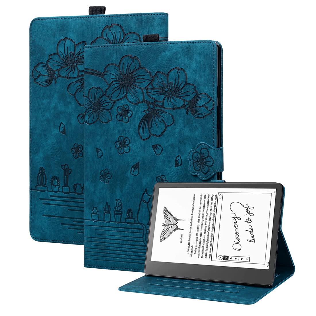 XFDSFDL® Protective Cover for Kindle Scribe (10.2 Inch) PU Leather Flip Case Sakura Cat Pattern with Built Stand Holster Wallet Device Shell Blue