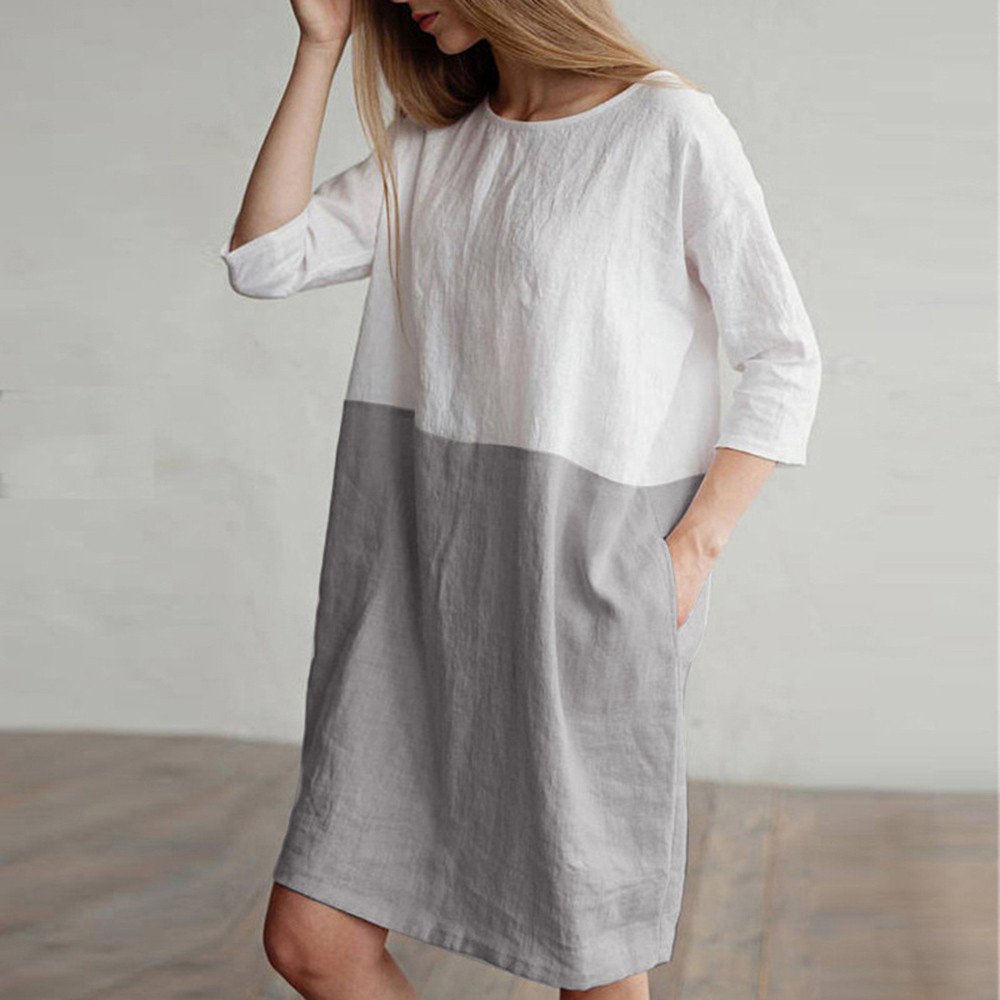 POTO Women Dresses, Loose Color Stitching Casual Dresses with Pockets Cotton Linen Tunic Dress Party Dress Beach Dress