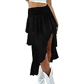 Yousify Womens Lace Midi Skirts High Waist Y2K Asymmetrical Layered Flowy Fairy Skirts Floral Beach Long Skirt