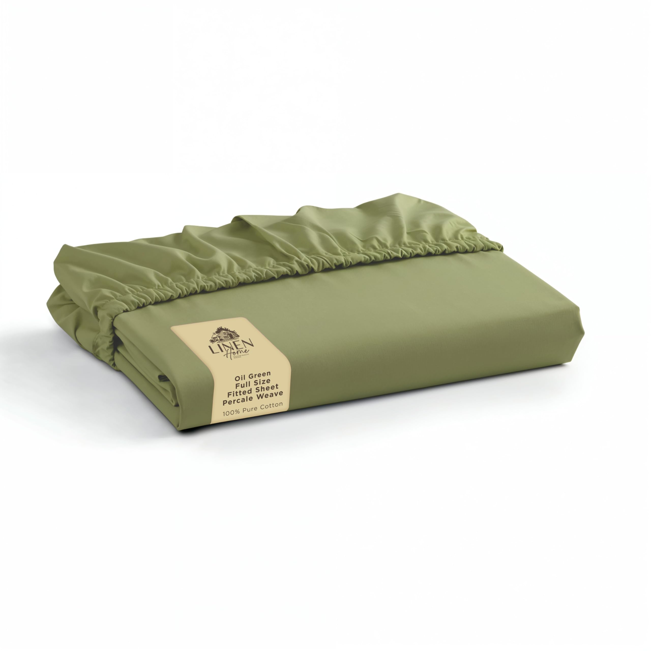 Linen Home 100% Cotton Percale Weave Fitted Sheet, Full Size, Oil Green, 1 Deep Pocket Fitted Sheet, Fits Mattress Upto 16" Crisp and Cool Strong Bed Linen, 39"X75"+15"