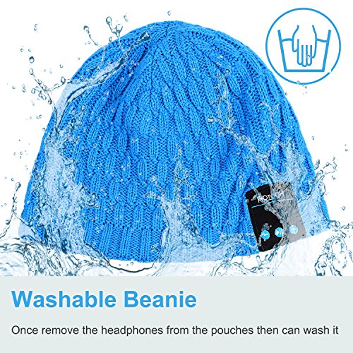 Qshell Bluetooth Beanie, Washable Music Hat Cap with Wireless Stereo Over Ear Headphone Headset Earphone Speaker Microphone Hands Free for iPhone Ipad Samsung Android Cell Phones, Blue