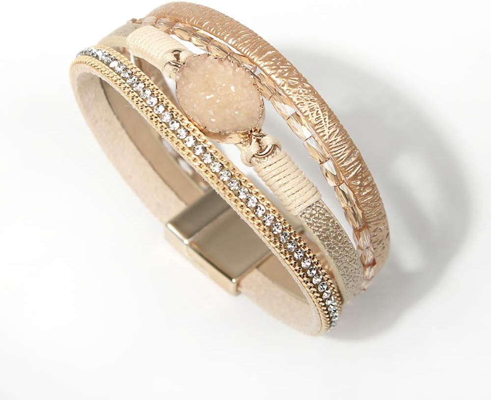 Leather Wrap Bracelet Boho Cuff Bracelets Crystal Bead Bracelet with Magnetic Clasp for Women Handmade Layered Bracelet for Women Teens(7.7", Gold): Clothing