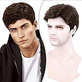 Creamily Mens Short Brown Wig Mens Curly Wigs Layered Natural Fluffy Synthetic Heat Resistant Halloween Costume Cosplay Wig for Men Hair Replacement Wigs Daily
