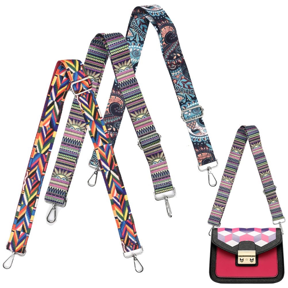 FOCCTS 3PCS Purse Strap 3.5CM Wide Replacement Handbag Straps Adjustable Shoulder Strap for Crossbody Canvas Vintage Guitar Straps with Bohemia Pattern