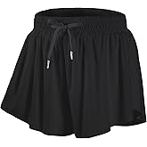 DIPUG Girls Butterfly Shorts with Pocket 2-in-1 Flowy Athletic Skots for Tennis Running Dance 5-16
