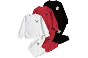 Fdqin 6 Pcs Boys Sweatsuit Letter Print Long Sleeve Pullover Sweatshirt Jogger Pant Set 3-14 Years