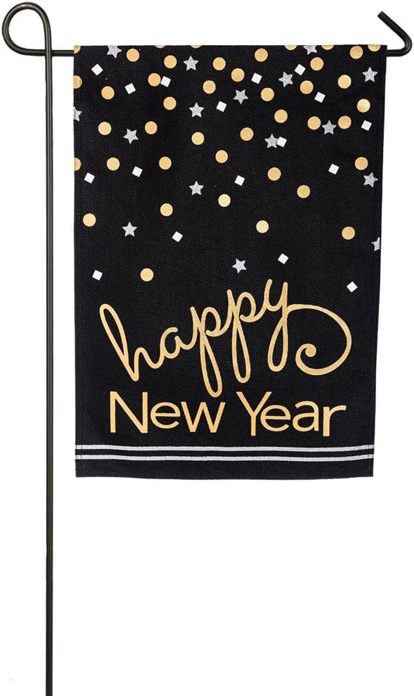 Evergreen Flag Happy New Year Confetti Burlap Garden Flag, 12.5 x 18 inches