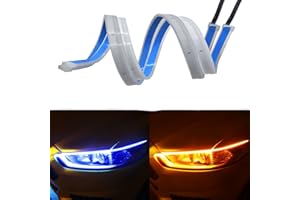 CEYES 2PC Car LED Strip Lights, 18 Inch Flexible LED Headlight Strips Dual Color Blue Turn Signal Yellow Lights IP67 Waterproof Car Daytime Running Light Strip for Truck SUV