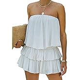 MIRACMODA Women Off The Shoulder Romper Flowy Strapless Smocked Jumpsuit Playsuits Dress