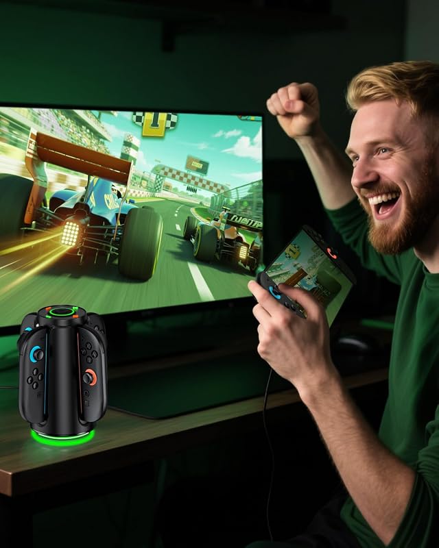 Switch 2 Controller Ladestation, 4-in-1 Magnectic Fast Joycon Ladestation für Kompatibel mit Nintendo 2 Switch, 8 RGB-Lichtmodi Charging Station Zubehör 3 Stunden Schnelles Vollladen, Oval