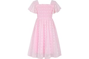 Kids4ever 6-12T Girls Chiffon Dress with Solid Pom Poms & Flutter Ruffle Short Sleeve Kids Lace Square Neck Frocks
