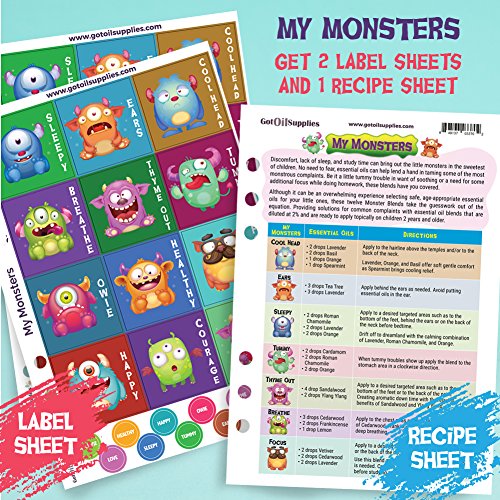 Got Oil Supplies Roller Bottle Labels - My Monsters Collection For Kids - 12 Unique Designs For 10ml Essential Oil Bottles - 24 Label, 24 Lid Stickers & 1 Recipe Sheet Included