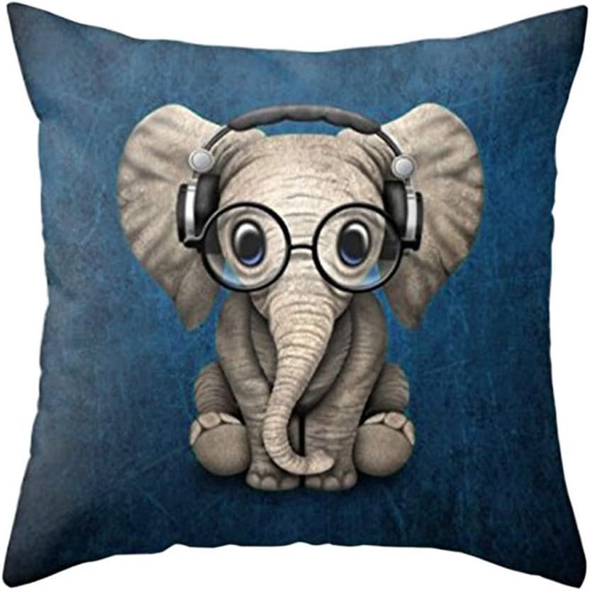 Aremetop Lovely Animals Elephant Baby Wearing Glasses with Headphones Cotton Linen Home Decor Pillowcase Throw Pillow Cushion Cover 18 x 18 Inches (Elephant Baby Wearing Glasses & Headphones/Blue)