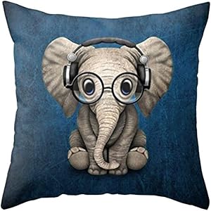 Aremetop Lovely Animals Elephant Baby Wearing Glasses with Headphones Cotton Linen Home Decor Pillowcase Throw Pillow Cushion Cover 18 x 18 Inches (Elephant Baby Wearing Glasses & Headphones/Blue)