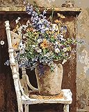CaptainCrafts New Paint by Numbers 16x20" for Adults, Kids Linen Canvas - Wild Flowers Pots Chair (Frameless)