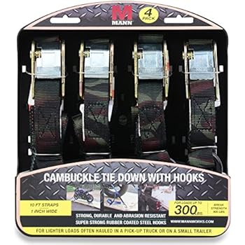 Mann Cambuckle Tie Down Straps with S-hooks 4-Pack Set 1 Inch x 10 Feet 300 Pound Load Capacity 900 Pound Break Strength (Camo)