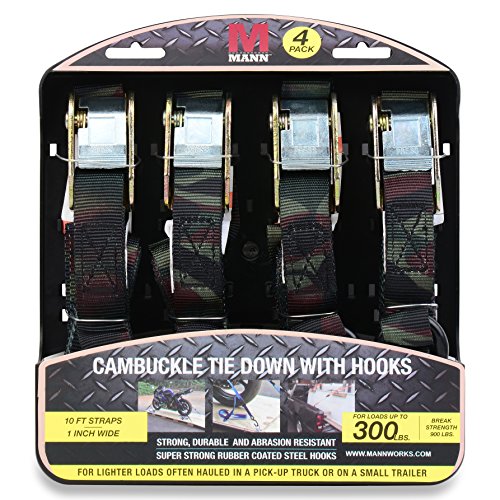 Mann-Cambuckle-Tie-Down-Straps-with-S-hooks-4-Pack-Set-1-Inch-x-10-Feet-300-Pound-Load-Capacity-900-Pound-Break-Strength-Camo