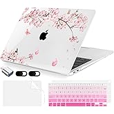 MecBevia Compatible with MacBook Air 13.3 inch Case 2021-2018 Release A2337 M1 A2179 A1932 Touch ID, Plastic Hard Shell&Keyboard Cover&Screen Protector&Webcam Cover&Type-C Adapter, Butterflies Sakura
