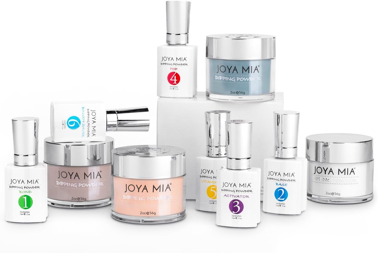 Joya Mia Complete Nail Dipping Powder Starter Kit with Powders, Top, Base, Vitamin Oil, and Brush Save (Taupe, Blue, Peach) (DPSK-12)