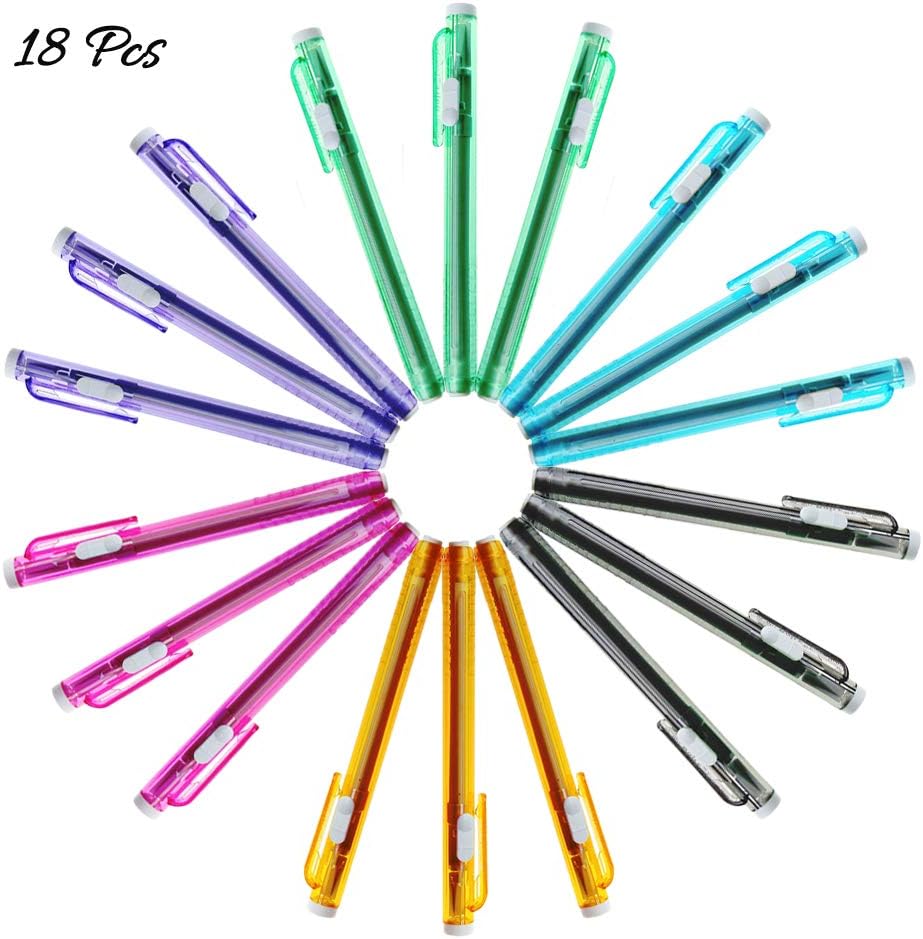 18Pcs Retractable Pen Shaped Eraser with Grip, AUHOKY Portable Pen Style Pencil Eraser for School Office, Rubber Stick Eraser for Kids Students Drawing Painting Writing Gift (6 Colors)