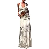 Famnbro Womens 2 Piece Skirt Sets Halter V Neck Y2k Top and Flowy Ruffle Maxi Skirts Summer Vacation Outfits