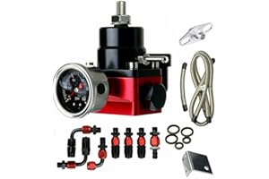 Aikosin Black-Red Adjustable Universal Aluminum Fuel Pressure Regulator Kit EFI Bypass Return 0-100psi Gauge -6AN 6AN Fuel Line Hose Fitting Connectors Kit