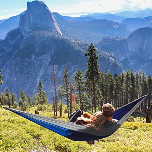 Kamileo Double Camping Hammock, Lightweight Nylon Portable Hammock with Sleep Mask and Tree Straps, for Camping Backpacking Outdoor Beach Yard (Blue)