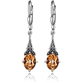 AOBOCO Vintage Earrings for Women Sterling Silver Retro Drop Dangle Leverback Earrings with 8x6mm Oval Genuine or Simulated Birthstone Crystal from Austria, Anniversary Jewelry Gifts for Her (Gift Box)