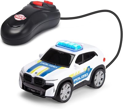 BMW XM Police Racer 1:36 13 cm, Voiture de Police télécommandée pour Enfants à partir de 3 Ans, télécommande par câble, lumière, Virage Avant Droit, Marche arrière, Fonction Try Me