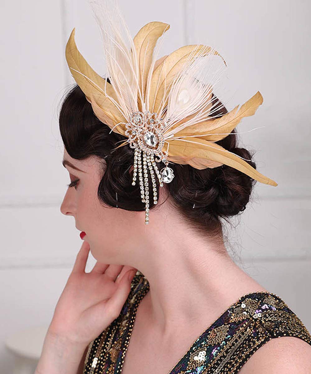 Anglacesmade 1920s Flapper Feather Hair Clip Crystal Tassel Roaring 20s Yellow Feather Headpiece Masquerade Great Gatsby Hair Accessories for Women and Girls