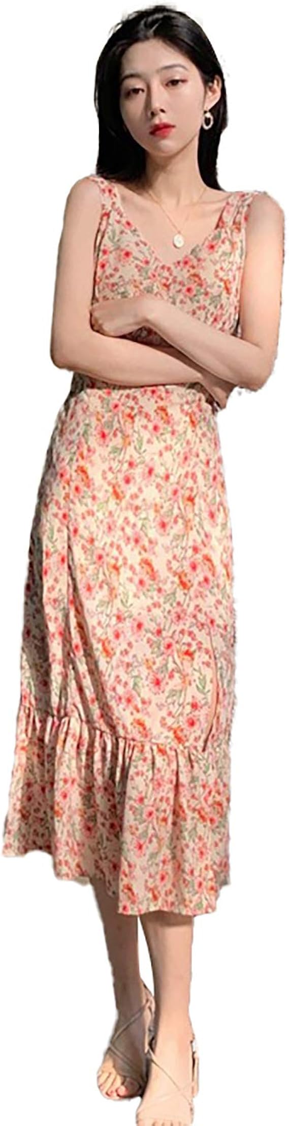 Amazon Co Jp ベージュ 花柄 ワンピース フレアスカートマキシ丈 レディース Vネック 春夏 服 タックスカート ロングスカート クラシカル 配達6 9労働日まで 服 ファッション小物